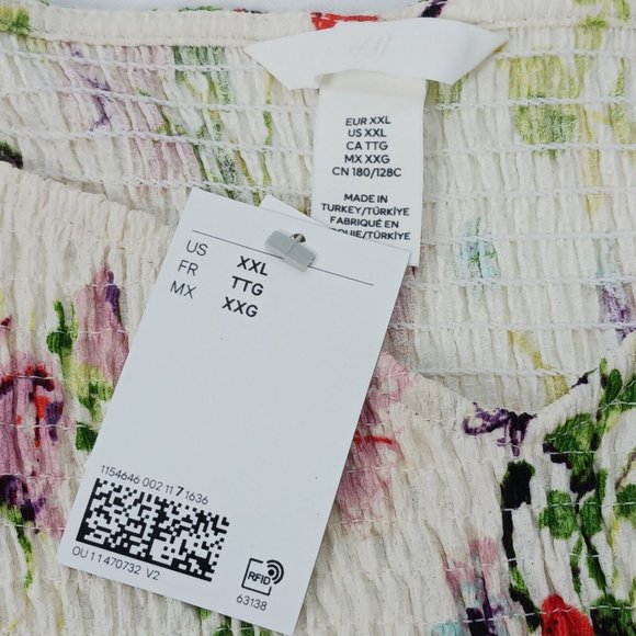 NEW H&M Floral Pleet Dress Size XXL Mini Short Cold Shoulder Ivory Floral - Picture 10 of 15